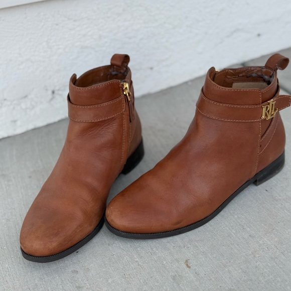 Ralph Lauren Brown Leather Ankle Boots with Gold Accent - Picture 2 of 10